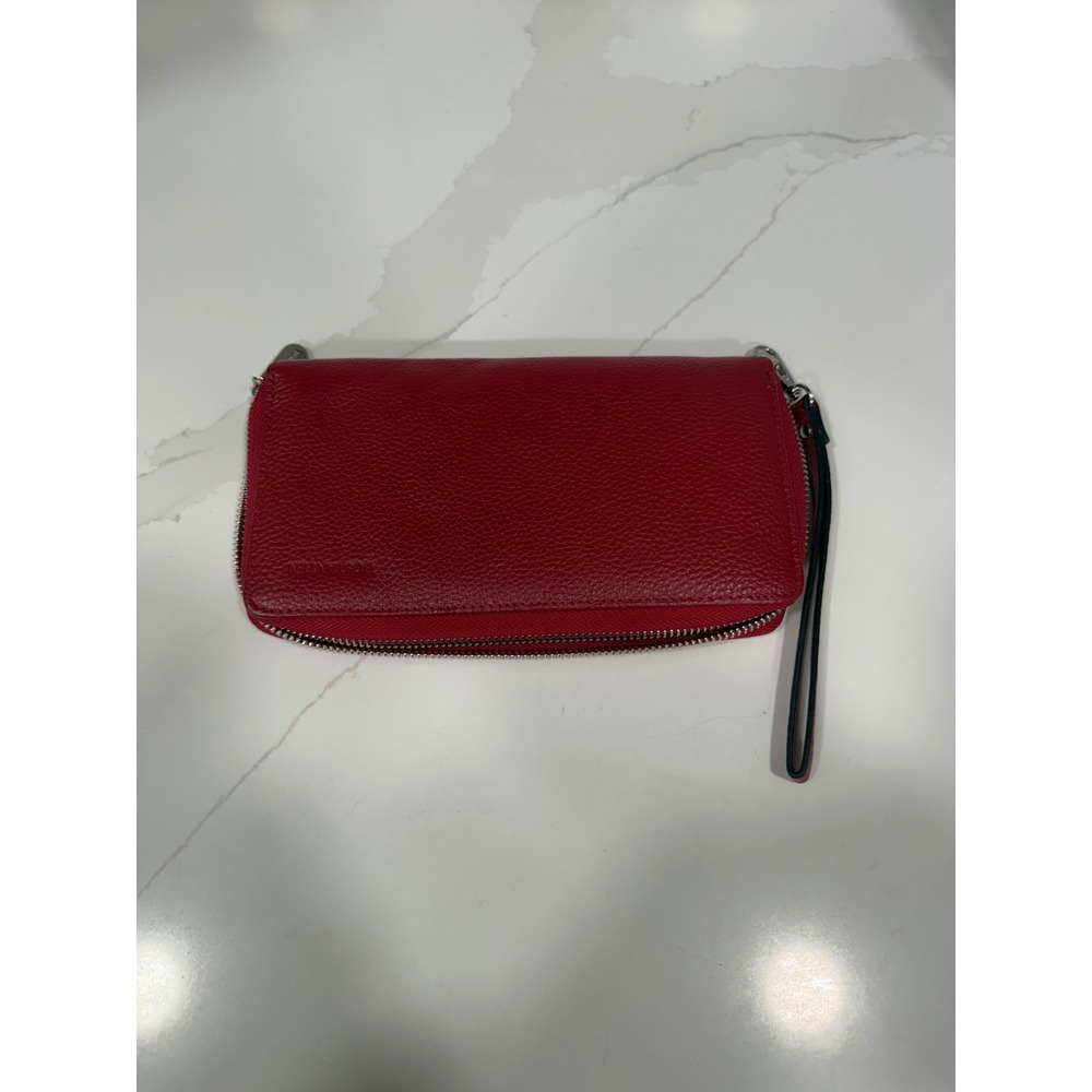 Bostanten Red Pebbled Leather Zip Around Wristlet Wallet Organizer Clutch